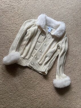 Greendog Faux Fur Trim Cable Knit Cardigan Sweater | Girls 3T